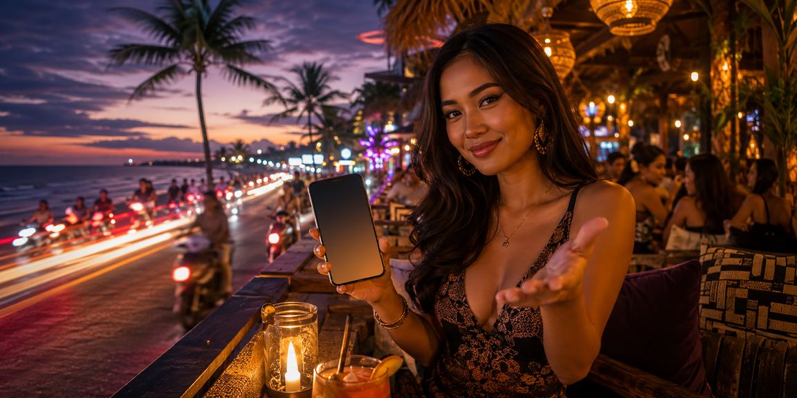 Pengguna mengakses layanan digital secara mobile di tepi pantai tropis